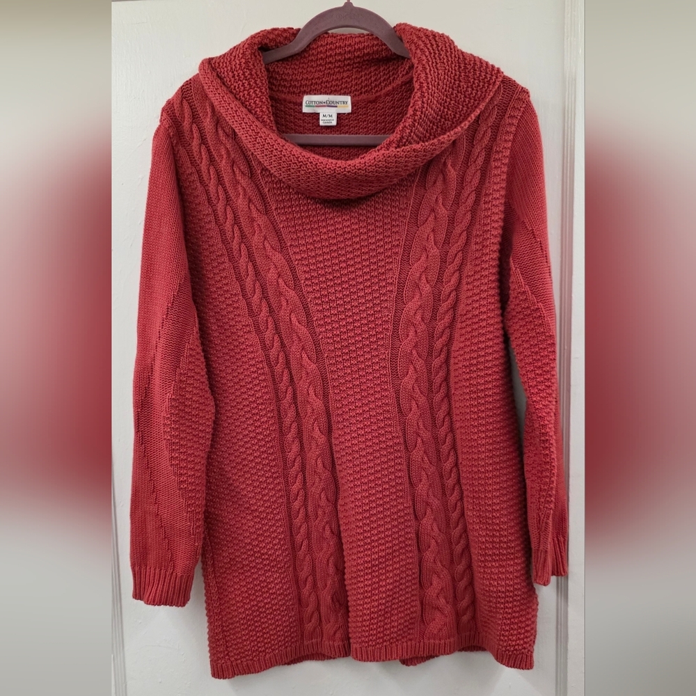 Cotton Country Cable Knit Cowl Neck Sweater 100% Cotton Tunic Medium
